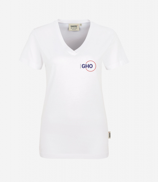 Weißes Damen-T-Shirt mit kleinem, buntem Frontlogo und einfarbigem Rückendruck