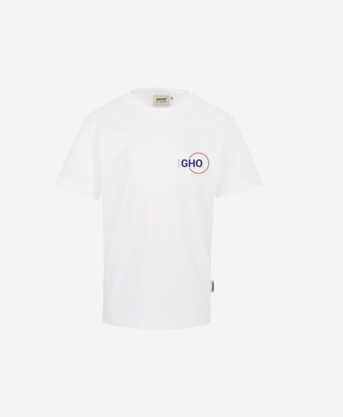 Weißes Kinder-T-Shirt mit kleinem, buntem Frontlogo und einfarbigem Rückendruck