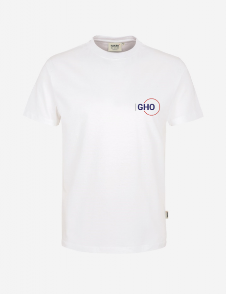 Weißes Herren-T-Shirt mit kleinem, buntem Frontlogo und einfarbigem Rückendruck